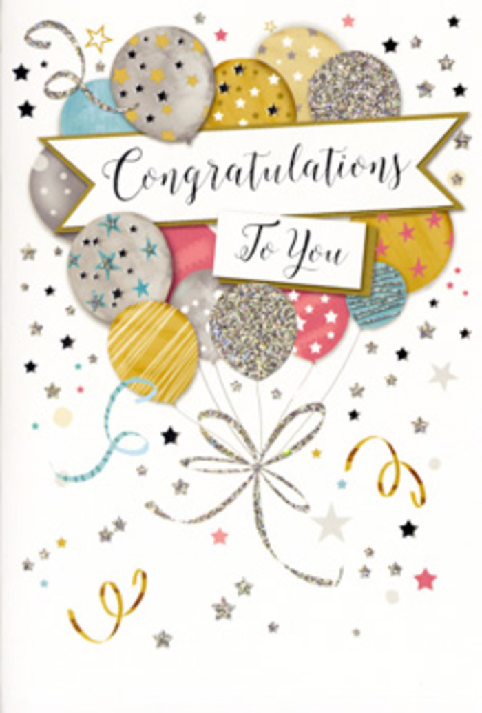 An open congratulations card is shown upright, as if waiting beside a fresh arrangement prepared for delivery around Millbank, its artwork capturing that uplifting moment when good news has just been shared. The main illustration is a lush cluster of balloons rising from the lower half of the card, layered so they overlap like a festive bouquet. Their colours are soft yet celebratory: muted gold and silver mingle with champagne beige, clear sky blue, blush pink, and gentle grey, creating a refined palette that feels suitable for both formal and casual celebrations. Each balloon carries its own delicate decoration-some are sprinkled with twinkling stars, others wrapped in slender metallic stripes or dusted with fine glitter-like accents that resemble the sheen of foil balloons under warm evening light. From the base of the cluster, thin, flowing strings sweep downward in curling arcs of gold and silver, gathering in a loose, decorative knot that visually grounds the design much like ribbon gathered around a bouquet stem. Across the middle of the balloons stretches a soft, gently curved banner, its surface cream-toned and smooth, holding the message "Congratulations To You" in graceful, flowing calligraphy. Around the edges, the pale background is animated by scattered stars, dots of confetti, and whimsical swirls that echo the easy joy of a celebration in a nearby Millbank office or a cosy flat overlooking the river. The card radiates pride, affection, and polished charm-perfect to nestle alongside flowers marking milestones like promotions, graduations, or new chapters begun just a stroll from Westminster Bridge.