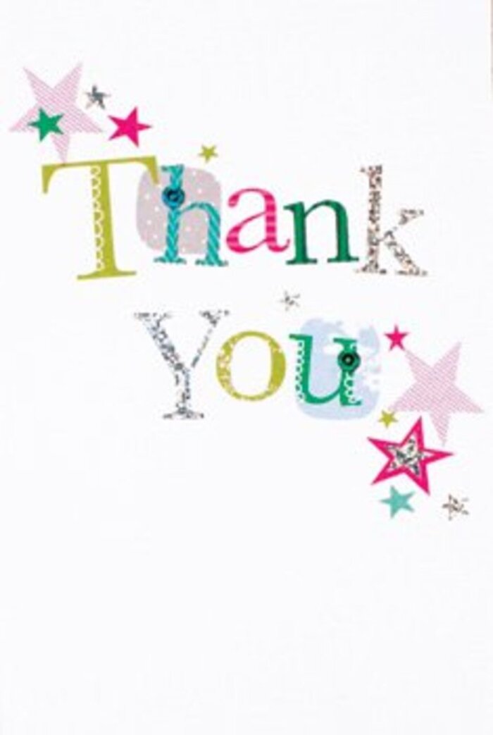 The elegant composition of this thank you card conjures a sense of quiet exuberance, much like the peaceful Sunday mornings spent near Millbank's galleries and gardens. The word 'Thank You' is rendered in an artful array across the immaculate white card, each letter brimming with its own style-some are playfully spotted with dots, others outlined with sweeping, musical curves or delicately stitched borders. Colours mingle across the text: vivid turquoises and sparkling pinks, lime and fuchsia, a chorus of shades that feel both lively and refined. Bold stars cluster close to the message, their forms filled with vibrant stripes or silver glimmer, offering an extra note of celebration-akin to a dusting of stardust over the words. The overall design feels crisp and contemporary, never overdone, striking that elusive balance between elegance and approachability. Here, gratitude is expressed in both tone and texture, with a tactility inviting touch-a sentiment as universally uplifting as one of Florist Millbank's bespoke floral arrangements. This is the kind of card that quietly amplifies any gesture, nestling comfortably alongside a hand-tied bouquet from the local florist, leaving a lasting impression that matches the memorable warmth of a heartfelt thank you and the neighbourly spirit of Millbank.