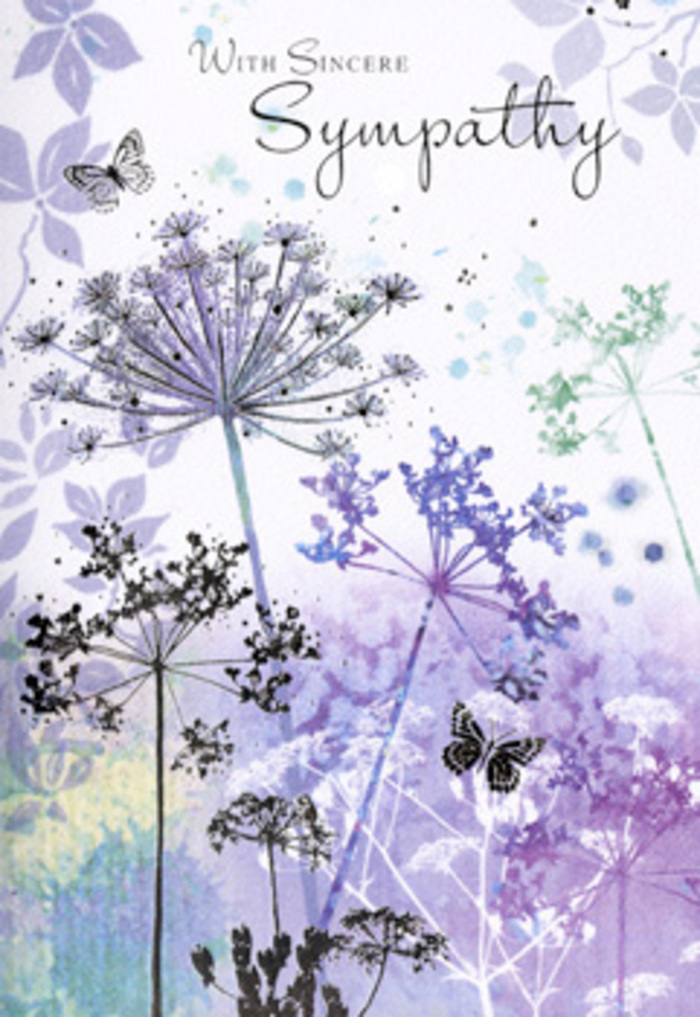 The design of this sympathy card carries a hush, like the stillness you feel stepping away from the traffic near Millbank into a quiet side street after rain. A field of tall, slender wildflowers stretches upward in graceful arcs, their stems fine and slightly wavering, each topped with delicate umbelliferous blooms. These flower heads are suggested rather than rigidly drawn-little constellations of tiny petals and seeds, lightly outlined in shades of violet, muted mauve, and soft indigo. Behind them, a gentle wash of colour blends silvery greens with smoky purples and pale blue-grey, as if a soft mist hangs low over a meadow at dawn. Two or three butterflies hover among the blooms, rendered in faint, airy strokes so that their wings barely seem to touch the page. Their presence hints at transformation, continuity, and the quiet resilience of nature. Nothing in the composition is loud; lines are fine, colours are subdued, and there is generous negative space that lets the eye and the heart rest. Above this tender landscape sits a short, sincere message of sympathy in elegant, flowing letters that feel almost handwritten. The effect is contemplative rather than decorative, inviting a moment of pause, of breathing and remembering. As someone who often arranges condolence flowers for services around Millbank and the neighbouring Westminster chapels, I recognise in this card the same gentle intention: to offer comfort without intrusion, to say "I'm here, I'm thinking of you" through a refined, nature-led design that feels both modern and timeless.