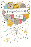 The image presents a stylish congratulations card, its design capturing the glow of a special moment, much like the feeling after sharing good news in a Millbank café. At the heart of the card floats a gathered cluster of balloons, rounded and full, some appearing just in front of others to give a gentle sense of depth. Their colours are soft and elegant rather than loud: satin gold and silver, delicate champagne, airy sky blue, dusky pink, and a whisper of grey. Each balloon is adorned with its own pattern-tiny scattered stars, neat stripes, and areas that suggest fine glitter-creating a sense of gentle sparkle, as if the surface might catch ambient light in a quiet sitting room near St John's Smith Square. Slim, metallic-looking strings in gold and silver trail from the balloons, bending and curling with calligraphic grace before meeting at a loose tie that feels as decorative as it is functional. Surrounding the cluster, small metallic stars, circular confetti, and soft, swirling ribbons seem to drift and dance across the pale background, evoking the carefree energy of a toast after a promotion or a graduation celebration. Cutting through the centre of the design is a softly curved banner, pale and smooth, proudly bearing the words "Congratulations To You" in elegant, flowing script that reads as sincere and personal. The overall mood is light, joyful, and just a little glamorous-an ideal companion to a fresh bouquet delivered locally, helping commemorate those proud Millbank moments that deserve more than a simple "well done."