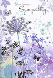 This sympathy card reads like a quiet, visual poem, echoing the calm that settles along the river near Millbank at dusk. Against a softly blended backdrop of lavender, muted purple, and silvery green, fine silhouettes of meadow-style wildflowers climb upwards, their stems long and elegant. Each umbel is rendered with feathery detail, as if traced by hand then softened with a wash of watercolour, giving the impression that the blooms are gently swaying in air you can't quite feel but instinctively sense. The colour palette stays cool and soothing, with hints of smoky blues and pale violet that seem to glow faintly, like evening light catching on distant water. Scattered among the slender stems, a few butterflies hover close to the flowers, their wings suggested in translucent tones, not sharply defined but more like a fleeting presence. They bring a subtle symbol of hope and transition-tender rather than dramatic. The space around the illustration is left deliberately open, allowing the eye to rest and the emotions to settle. Across the upper portion of the design, a simple condolence message is written in graceful script, unobtrusive yet meaningful, giving voice to sentiments that can be hard to express aloud. As a florist familiar with arranging funeral tributes for families in Millbank and across Westminster, I see how this card complements soft, understated floral arrangements: it feels respectful, composed, and quietly supportive, a gentle accompaniment to sympathy flowers that offers solace through colour, balance, and the reassuring language of nature.